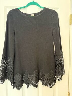Chico's Black Knit Top with Lace Trim and Flared Sleeves